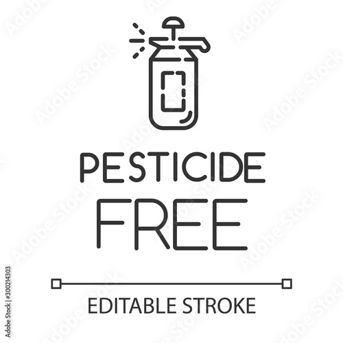 Pesticide free linear icon. No fungicide, insecticide. Non-toxic, non-chemicals. Product free ingredient. Thin line illustration. Contour symbol. Vector isolated outline drawing. Editable stroke