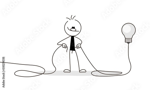 Doodle stick figure: Man connects wire. Wire break. Business metaphor.