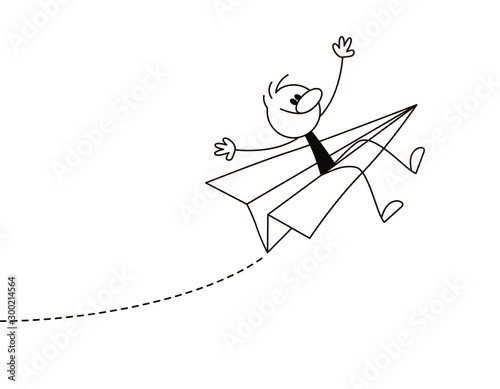 Doodle stick figure: Businessman or man flies on a paper plane.