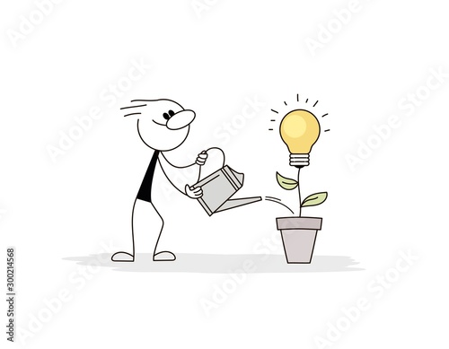 Doodle stick figure: Businessman or man watering young plant with light bulb on it.