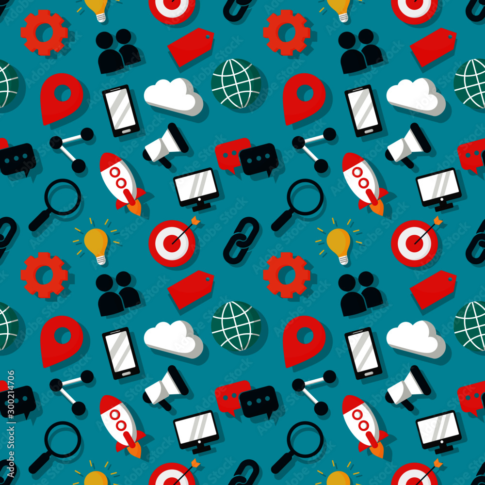 marketing seamless pattern. SEO icons on blue background. vector Illustration. marketing seamless pattern. SEO icons on blue background. vector Illustration.
