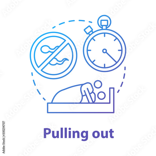 Pulling out blue concept icon. Safe sex. Pregnancy prevention, birth control method. Intimate relationship. Male, female healthcare idea thin line illustration. Vector isolated outline drawing