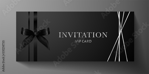Luxurious VIP Invitation template with bow, ribbon on black background and silver text. Premium class design for Gift certificate, Voucher, Gift card 