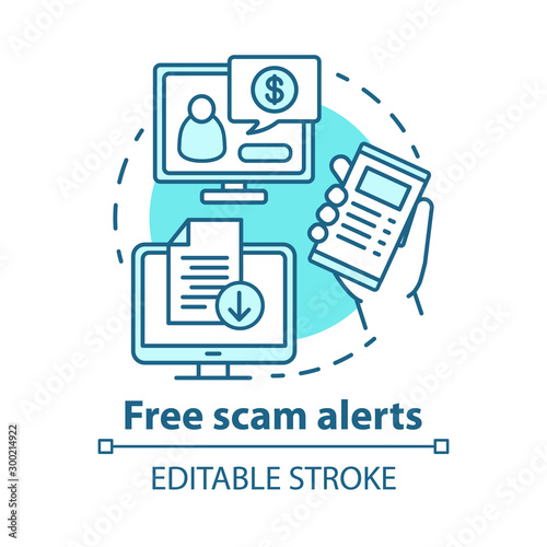 Free scam alerts concept icon. Information about financial criminal schemes. Cyber security advice. Tips about frauds idea thin line illustration. Vector isolated outline drawing. Editable stroke