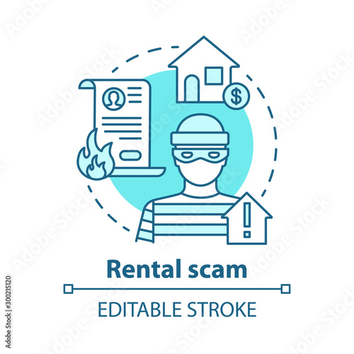 Rental scam concept icon. Housing fraud. Fake house for rent. Leasing swindle. Home buying, mortgage criminal scheme idea thin line illustration. Vector isolated outline drawing. Editable stroke