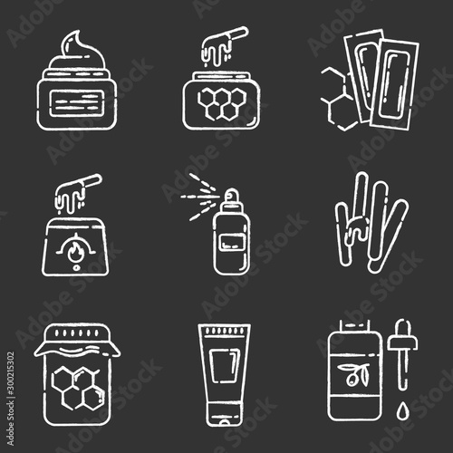 Waxing equipment chalk icons set. Honey wax strips with spatula. Hair removal tools. Body lotion, spray, oil for depilation. Professional beauty cosmetics. Isolated vector chalkboard illustrations