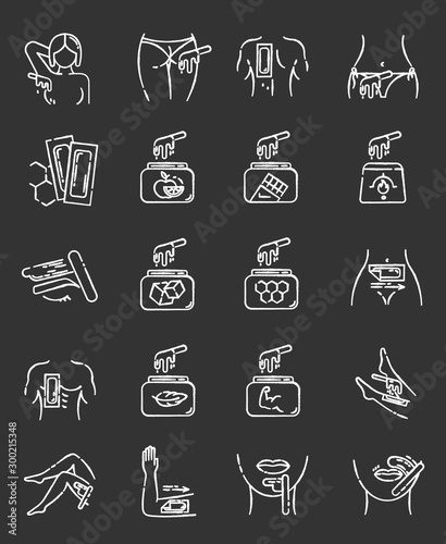 Body waxing chalk icons set. Female facial hair removal procedure. Wax in jar with spatula. Depilation equipment. Professional beauty treatment cosmetics. Isolated vector chalkboard illustrations