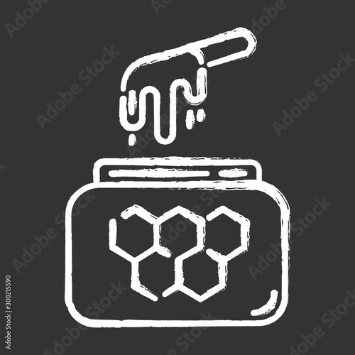 Honey waxing chalk icon. Natural soft cold wax in jar with spatula. Body hair removal equipment. Tools for depilation. Professional beauty treatment cosmetics. Isolated vector chalkboard illustration