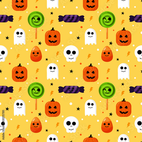 seamless pattern happy halloween icons isolated on orange background. vector Illustration.
