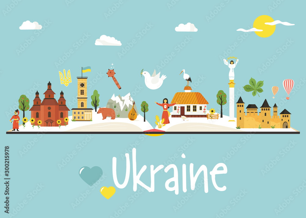 Ukraine Tourist poster with famous landmarks icons