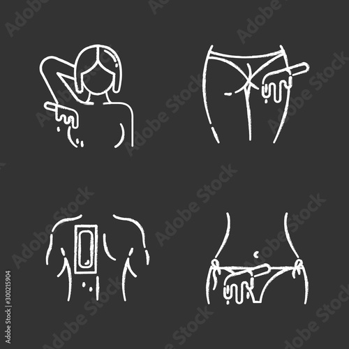 Hot waxing chalk icons set. Armpit, buttocks, back, bikini hair removal. Cold wax strips. Body hair depilation. Professional beauty treatment cosmetics. Isolated vector chalkboard illustrations