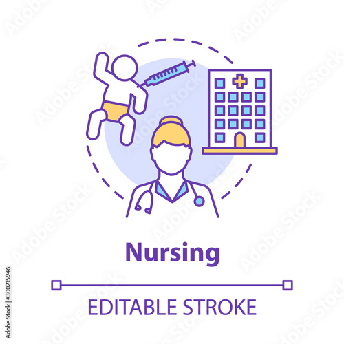 Nursing concept icon. Doctor idea thin line illustration. Nurse, pediatrician. Baby, hospital, vaccination. Child medical care, healthcare. Vector isolated outline drawing. Editable stroke