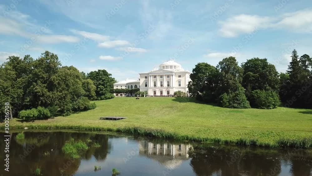 Aerial drone shot to Pavlovsk Palace, 18 century, Russian Imperial residence Pavlovsk Park It is built in a bend of the Slavyanka River Russia,Shot in 4K UHD Aerial drone shot to Pavlovsk Palace, 18 century, Russian Imperial residence Pavlovsk Park It is built in a bend of the Slavyanka River Russia,Shot in 4K UHD