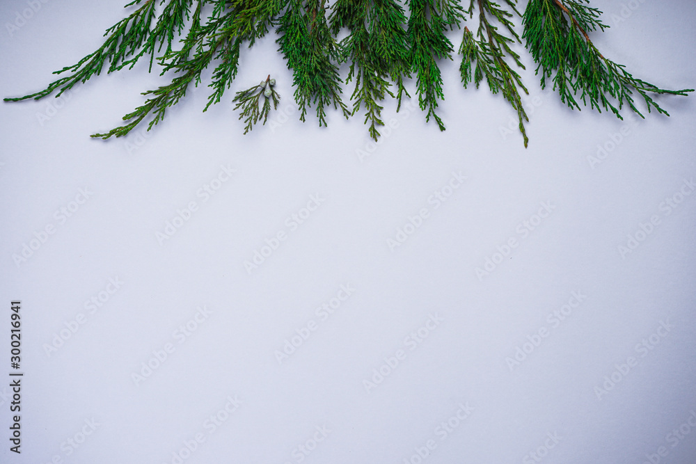 Obraz premium Christmas composition. Green branches of a Christmas tree on a gray background, with place for text, top view, flat lay.