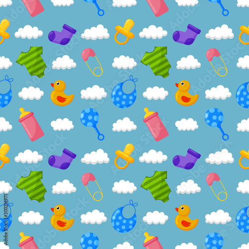baby toys and clothes icons seamless pattern. newborn items on blue background. vector Illustration.