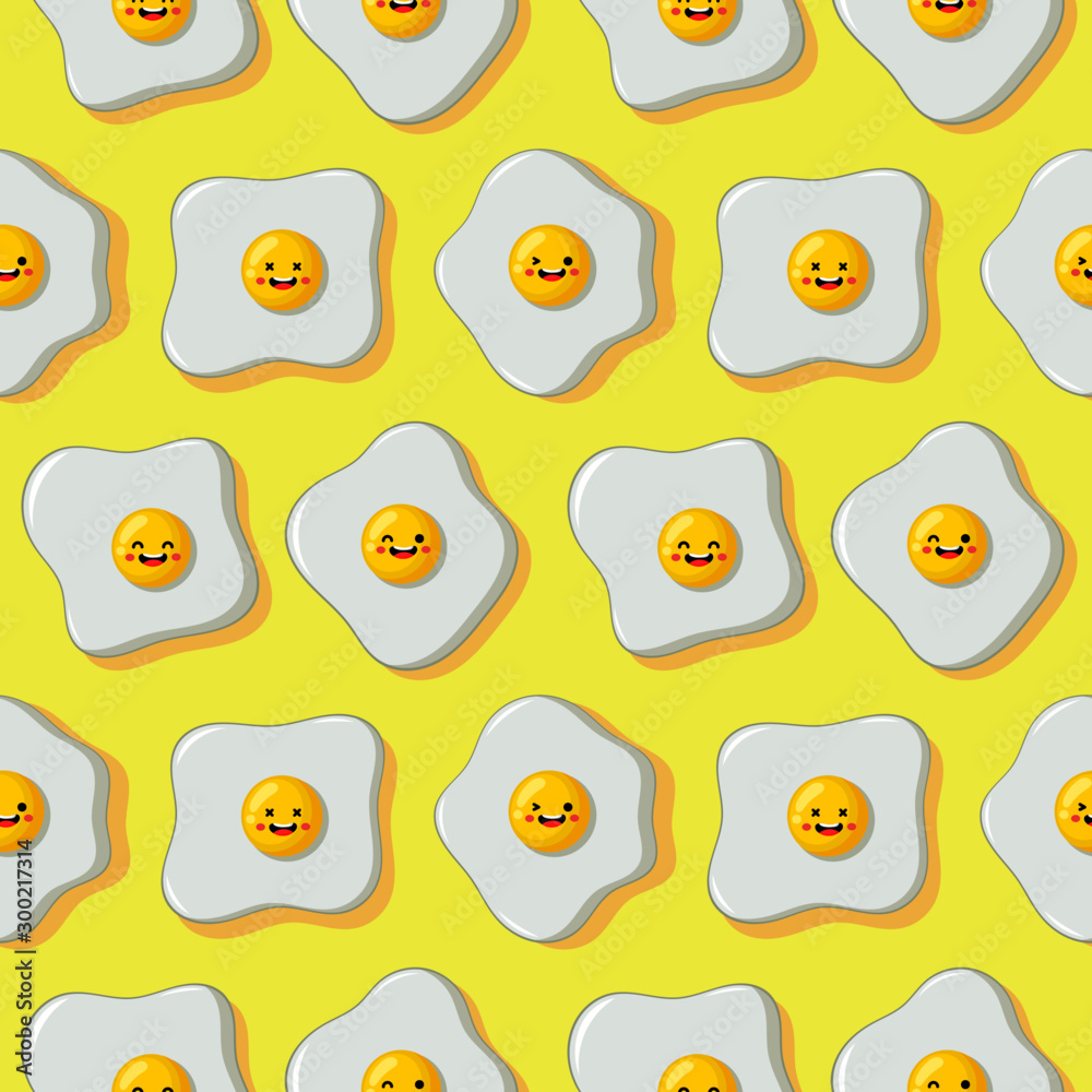 Fototapeta premium fried eggs funny cartoon character seamless pattern on yellow background. illustration vector. 