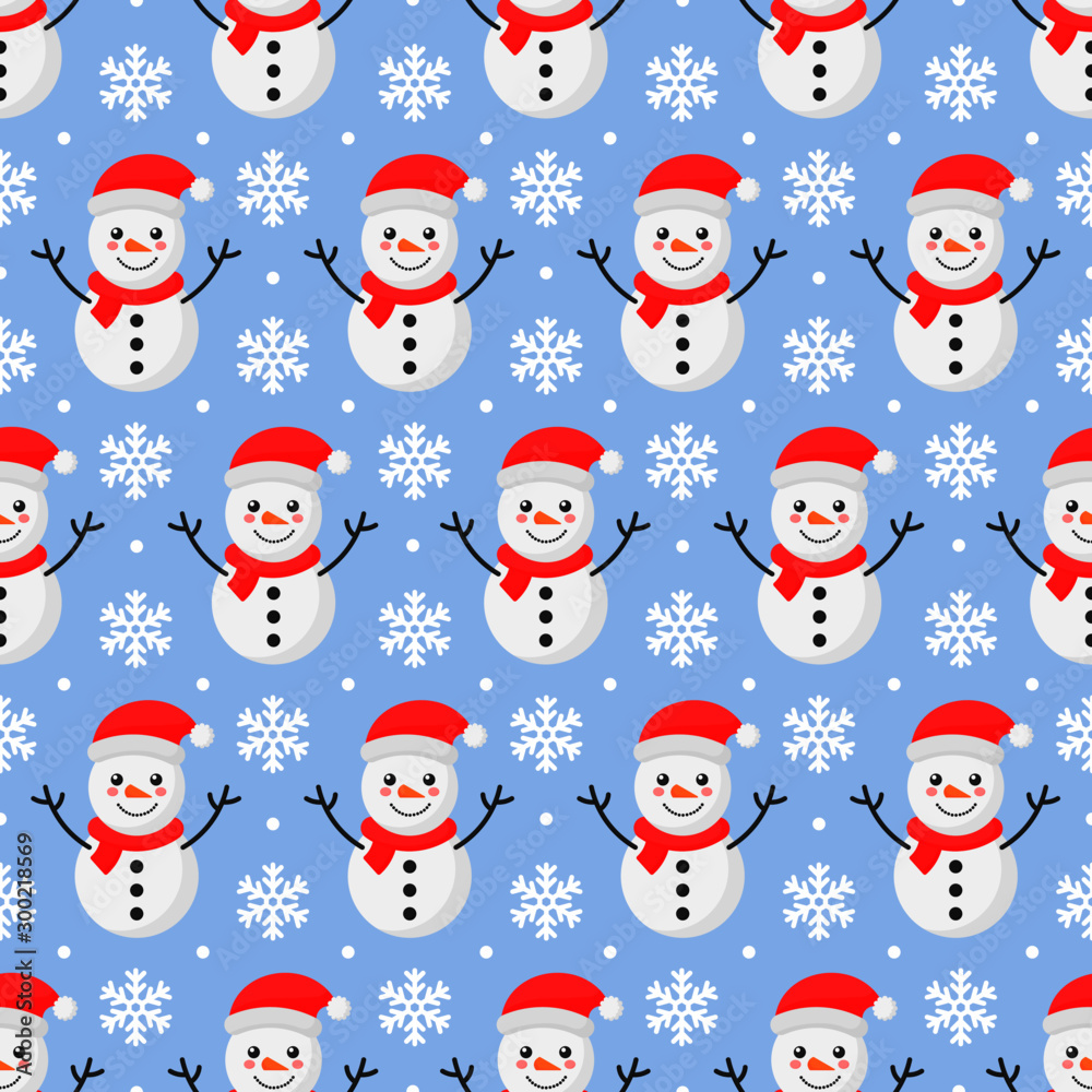 christmas seamless pattern. snowman isolated on blue background. vector Illustration.