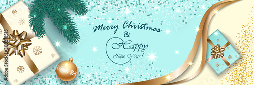 Merry Christmas and Happy New Year 2020, Xmas vector banner viewed from above, mockup for holiday illustration design, light background, gift boxes with bow, confetti, tree branch, ball, snowflakes.