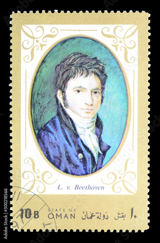 Canvas Print Cancelled postage stamp printed by Oman, that shows Portrait of Ludwig Van Beethoven, circa 1972