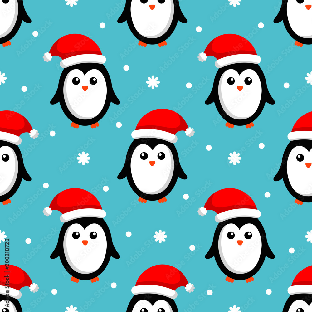 merry christmas seamless pattern with penguins isolated on blue background. Vector Illustration. 