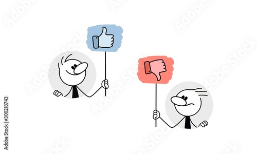 Doodle stick figure: People holding hands symbols. Like and dislike icons.