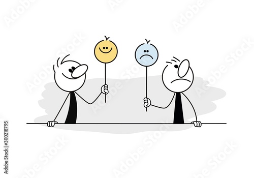 Doodle stick figure: Cartoon people holding smiley face symbol.