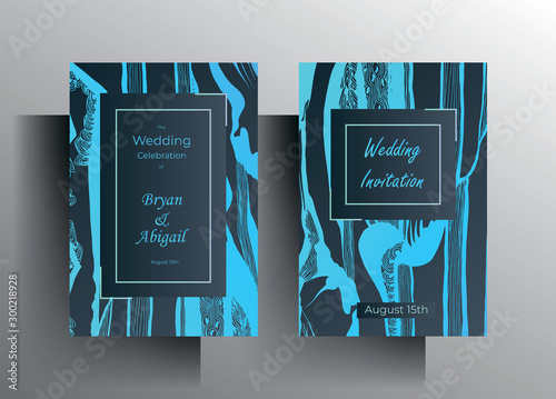 Design wedding invitation card set. A turquoise texture frame on a blue background is manually drawn. Vector 10 EPS.