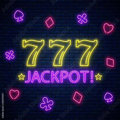 Jackpot - glowing neon motivation sign with three seven on slot machine. Slot machine 777 win combination in neon style