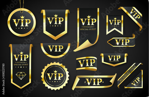 Vip label, badge or tag. Vector black banner with gold vip text. Vector illustration