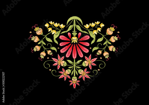 Tradition mughal motif, fantasy flowers in retro, vintage style. Element for design. Embroidery imitation. Vector illustration. Isolated on black background