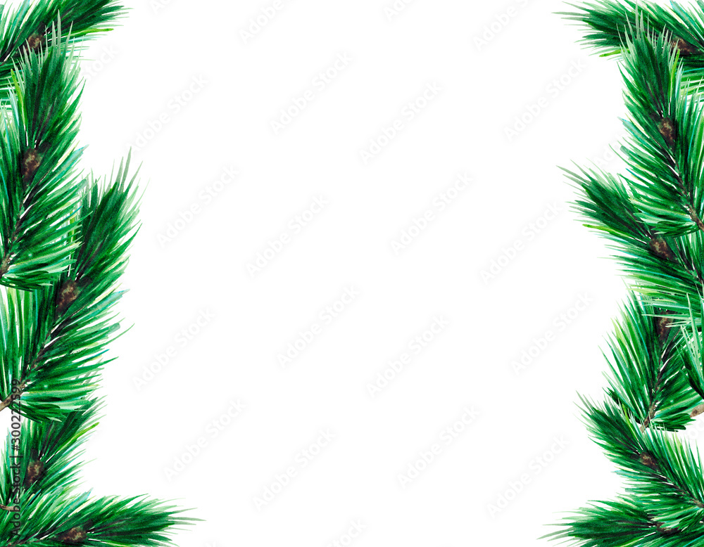 Christmas frame with green fir branches on white background with space for text. Watercolor illustration for design of postcards, invitations or posters.