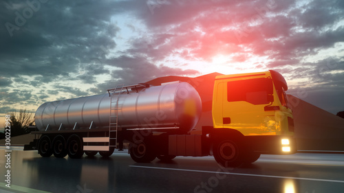 Gasoline tanker, Oil trailer, truck on highway. Very fast driving. 3d rendering