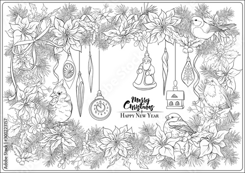 Christmas wreath of spruce, pine, poinsettia, winter birds and vintage decoration. Coloring page for the adult coloring book. Outline hand drawing vector illustration..