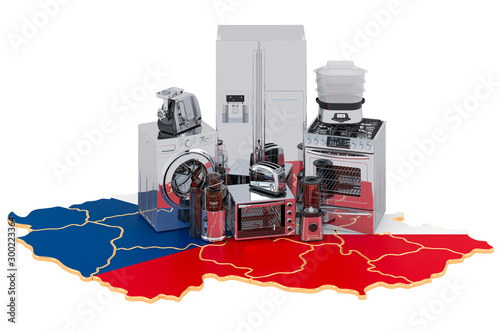 Kitchen and household appliance on the map of Czech Republic. Production  shopping and delivery concept. 3D rendering