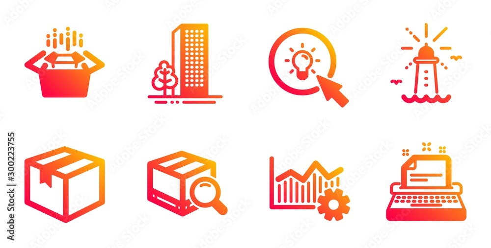 Operational excellence, Packing boxes and Search package line icons set. Buildings, Lighthouse and Energy signs. Parcel, Typewriter symbols. Corporate business, Delivery box. Industrial set. Vector