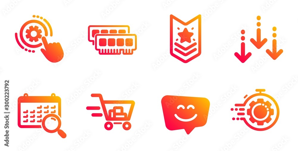 Cogwheel settings, Shoulder strap and Shopping cart line icons set. Ram, Smile face and Search calendar signs. Scroll down, Seo timer symbols. Engineering tool, Star rank. Business set. Vector