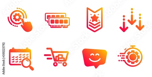 Cogwheel settings, Shoulder strap and Shopping cart line icons set. Ram, Smile face and Search calendar signs. Scroll down, Seo timer symbols. Engineering tool, Star rank. Business set. Vector