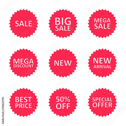 Sale discount label, tag or sticker set. Different commercial inscriptions in badges. Vector isolated illustration