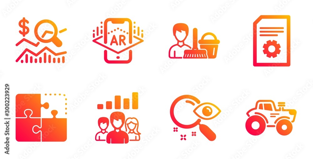 Teamwork results, Search and Check investment line icons set. Cleaning service, Puzzle and Augmented reality signs. File settings, Tractor symbols. Group work, Find document. Business set. Vector