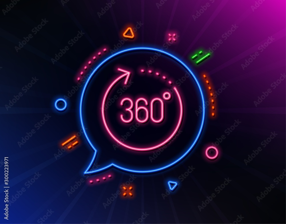 360 degrees line icon. Neon laser lights. Panoramic view sign. VR technology simulation symbol. Glow laser speech bubble. Neon lights chat bubble. Banner badge with 360 degrees icon. Vector