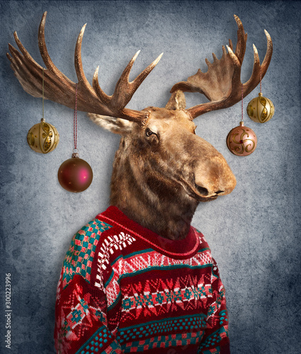 Christmas  moose. Animals in clothes. People with heads of animals .  Concept graphic, photo manipulation for cover, advertising, prints on clothing and other.