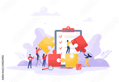 Business concept. People connecting puzzle elements. Symbol of teamwork, partnership, cooperation. Vector isolate on a white background in trend color.