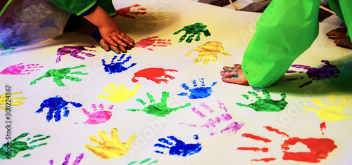 Children hand prints on white wall background,selective focus
