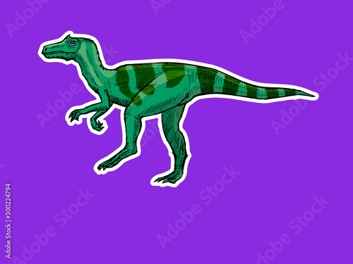 Dinosaur in zine style. Hand drawn, vector image, style print. Motives of funny, animal, Jurassic. Side view. Colored Illustration