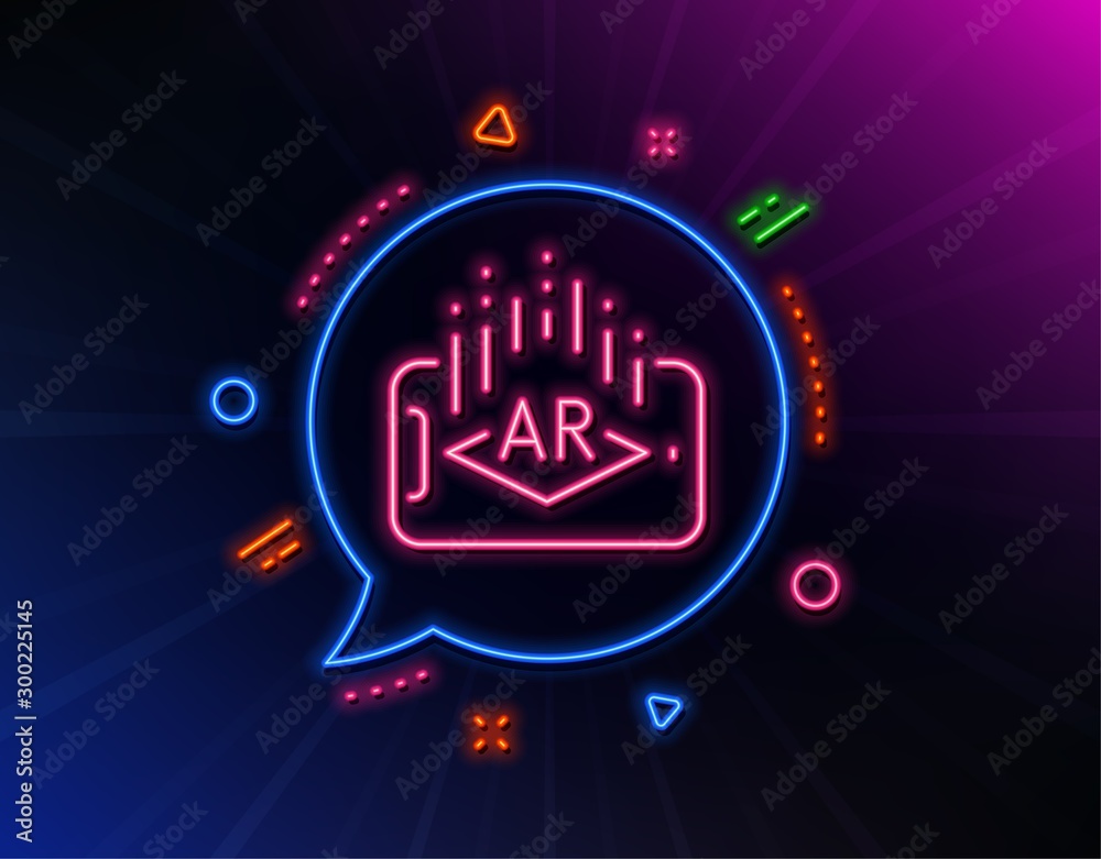 Augmented reality phone line icon. Neon laser lights. VR simulation sign.  3d view symbol. Glow laser speech bubble. Neon lights chat bubble. Banner  badge with augmented reality icon. Vector vector de Stock