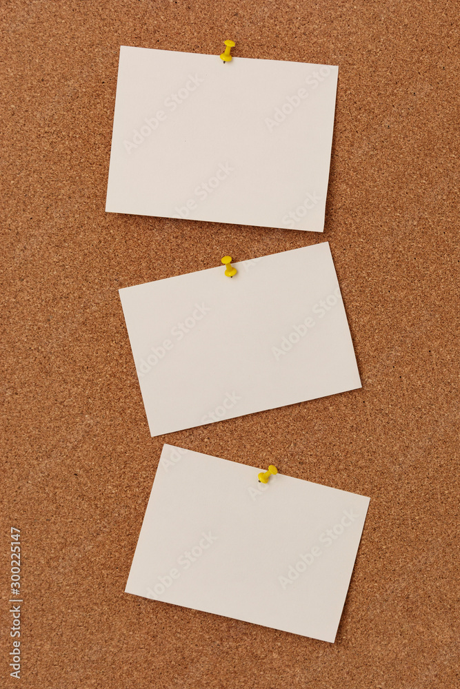Note paper swith push pins on cork board. Empty paper pages for notes copy space Note paper swith push pins on cork board. Empty paper pages for notes copy space