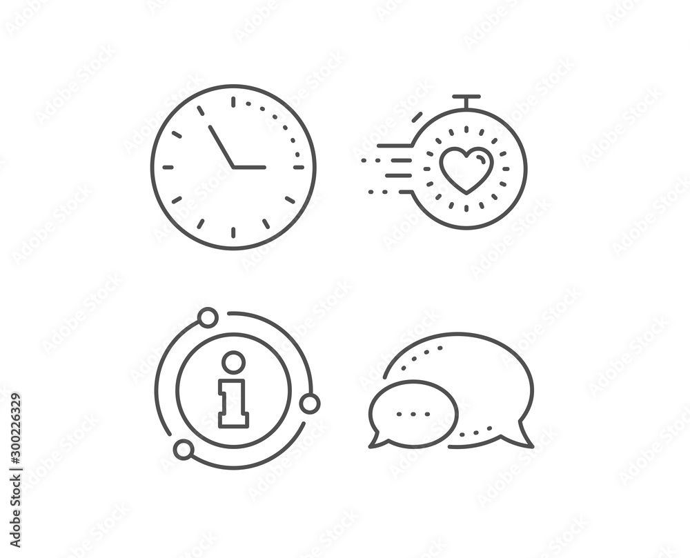 Timer line icon. Chat bubble, info sign elements. Time management sign. Stopwatch with heart symbol. Linear timer outline icon. Information bubble. Vector Timer line icon. Chat bubble, info sign elements. Time management sign. Stopwatch with heart symbol. Linear timer outline icon. Information bubble. Vector