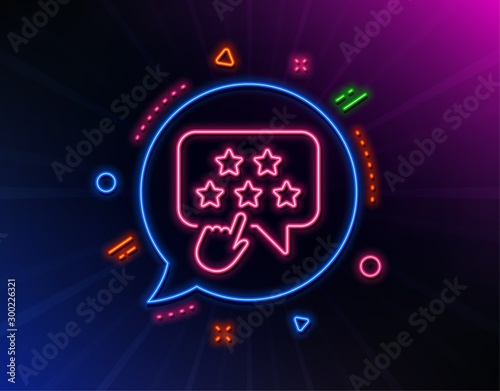 Ranking star line icon. Neon laser lights. Click rating sign. Brand ambassador rank symbol. Glow laser speech bubble. Neon lights chat bubble. Banner badge with ranking star icon. Vector