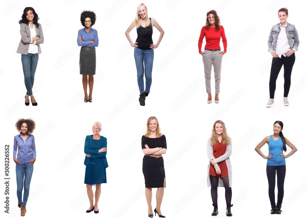 Obraz premium Group of beautiful happy women in front of a white background
