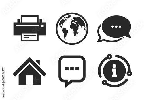 Printer and chat speech bubble with suspension points sign symbols. Chat, info sign. Home main page and globe icons. Classic style speech bubble icon. Vector